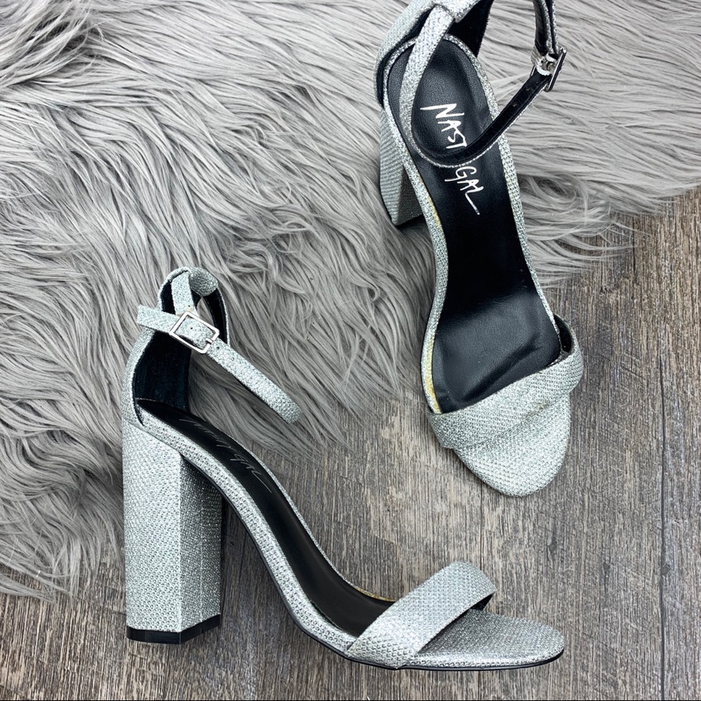 NASTY GAL Silver Ankle Strap Heels